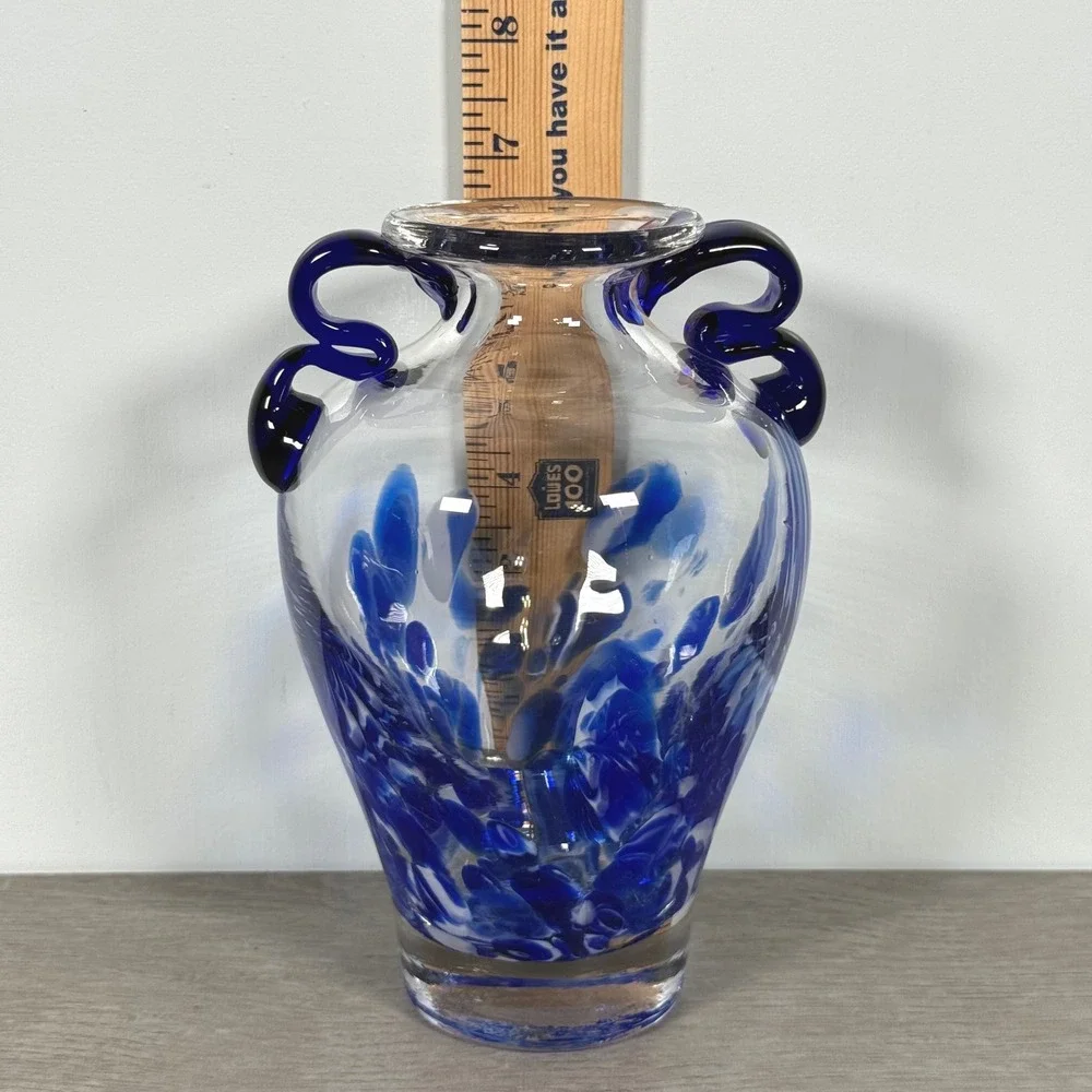 Vintage Italian Art Glass Vase Blue White Pulled Decoration Cobalt Handles 7.5